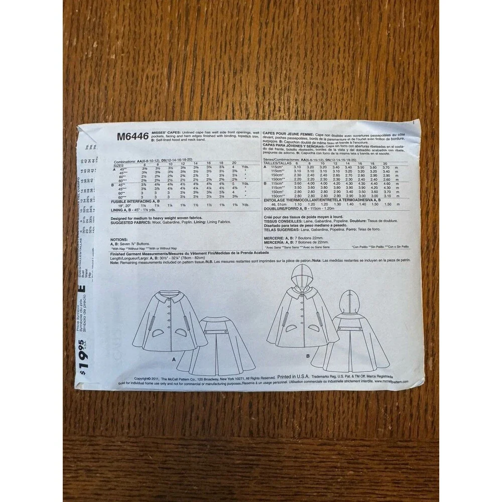 McCalls M6446 Sewing Pattern Womens Capes Coats Size 12 14 16 18 20 Plus Unlined
